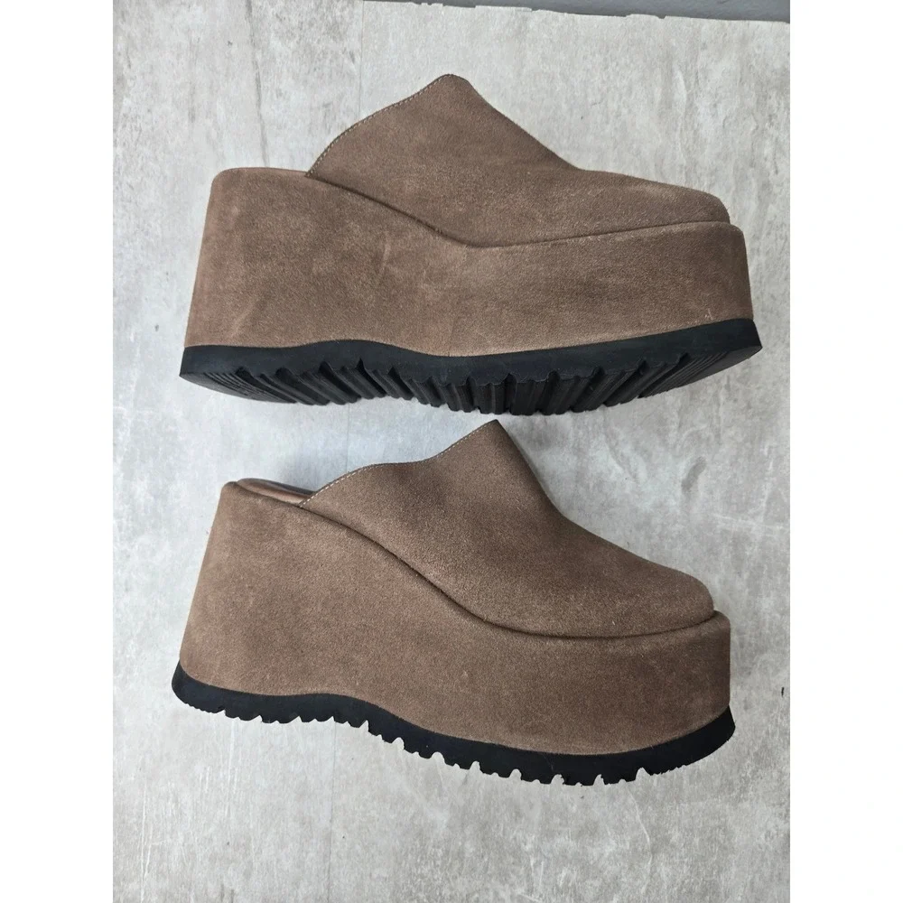 Free People Avery Platform Wedge Mules Sz 7.5 Brown Suede Chunky Clogs Retro Y2K